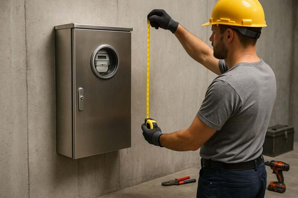 electrician measuring installation height of stainless steel electrical meter box using tape measure