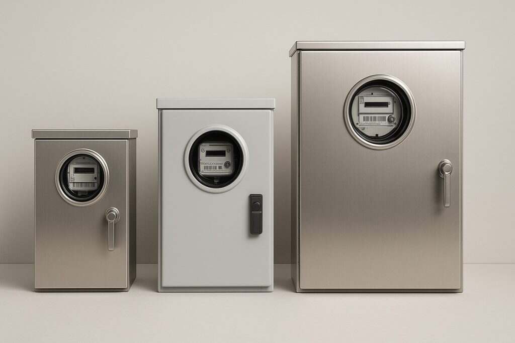 lineup of three electrical meter boxes of different sizes